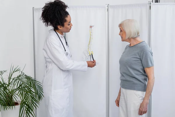 Visão lateral do médico afro-americano apontando para o modelo da coluna vertebral perto do paciente sênior — Fotografia de Stock