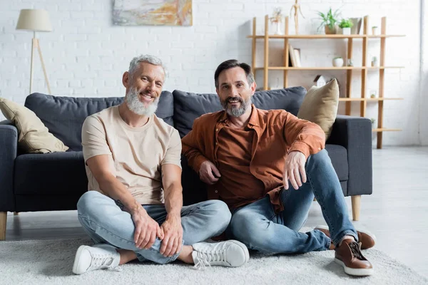 Sorridente coppia omosessuale guardando la fotocamera in soggiorno — Foto stock