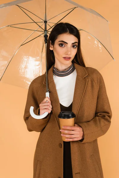 Young woman in brown coat standing with paper cup under transparent umbrella isolated on beige — Foto stock