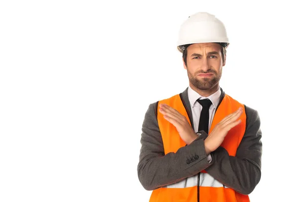 Skeptical engineer showing stop gesture isolated on white — Stock Photo