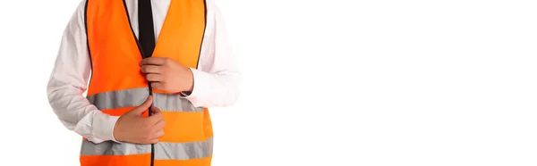 Cropped view of engineer wearing safety vest isolated on white, banner — Stock Photo