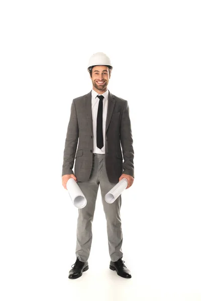 Arquiteto alegre segurando plantas em fundo branco — Fotografia de Stock