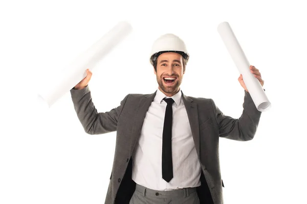 Excited architect with blueprints isolated on white — Stock Photo