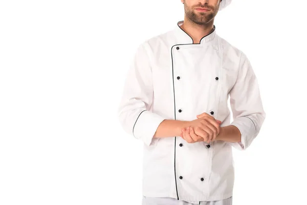 Vista cortada de chef em uniforme isolado em branco — Fotografia de Stock