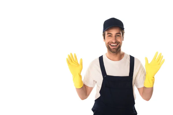 Limpador sorridente em luvas de borracha isoladas em branco — Fotografia de Stock