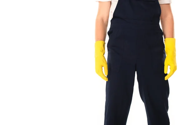 Vista recortada del limpiador en mono y guantes de goma aislados en blanco - foto de stock