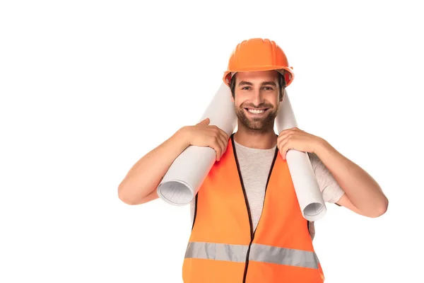 Construtor feliz em colete de segurança segurando plantas isoladas em branco — Fotografia de Stock