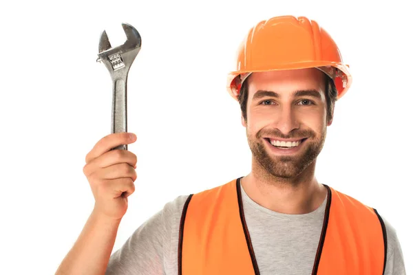 Constructeur positif en casque dur tenant clé isolée sur blanc — Photo de stock