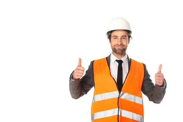 Arquitecto en sombrero duro mostrando como aislado en blanco — Stock Photo