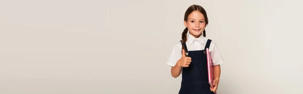 Colegiala complacido sosteniendo el cuaderno y mostrando el pulgar hacia arriba aislado en gris, bandera - foto de stock