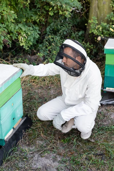 Imker in Schutzanzug und Helm in der Nähe von Bienenstöcken auf Bienenstöcken — Stockfoto