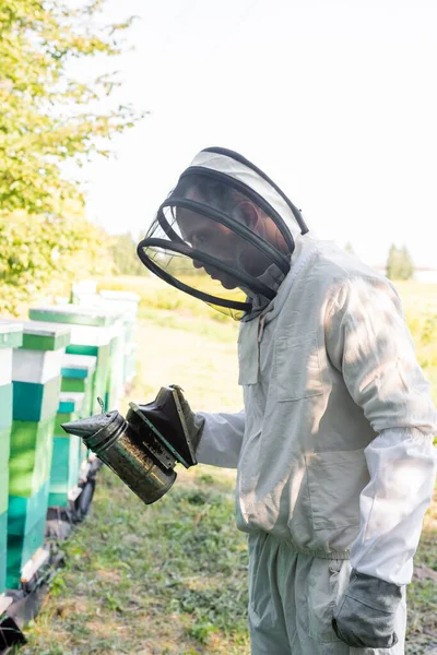 Apiarista em terno protetor e capacete segurando fumante abelha perto de colmeias — Fotografia de Stock