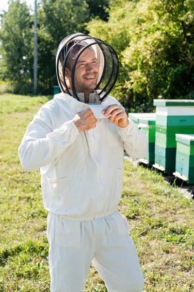 Apicultor sonriente ajustando traje de apicultura cerca de colmenas en colmenas - foto de stock