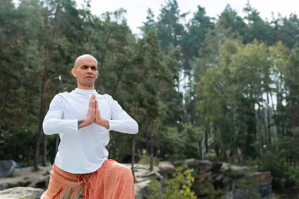 Buddhist en sudadera blanca meditando en el bosque - foto de stock