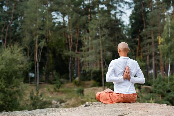Vista posterior de budista practicando yoga en pose de loto con las manos dobladas detrás de la espalda - foto de stock