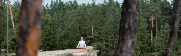 Buddhist que practica yoga en la pose del loto en la roca en bosque, primer plano borroso, bandera - foto de stock