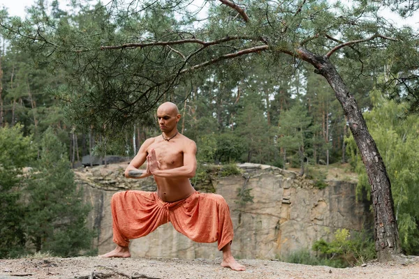 Buddhist sin camisa en pantalones del harén meditando en pose de la diosa con las manos que rezan en bosque - foto de stock