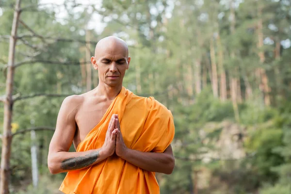 Homem sem pêlos em roupão budista orando com os olhos fechados na floresta — Fotografia de Stock