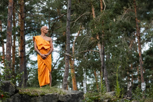 Full length view of buddhist in traditional orange robe standing on rocks in forest — Stock Photo