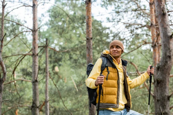 Joyful traveler with hiking poles looking away in autumn forest — Stock Photo