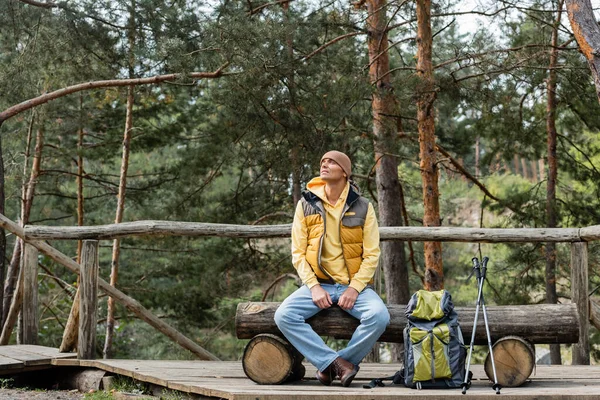 Traveler looking away while resting on log bench near backpack and trekking poles — Stock Photo