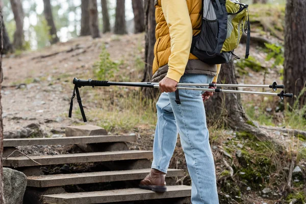 Vista parcial del turista con mochila que lleva bastones de trekking mientras camina sobre escaleras de madera en el bosque - foto de stock