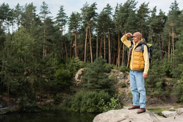 Volle Länge Ansicht des Touristen steht auf felsigen Klippen in der Nähe von Waldsee und schaut weg — Stockfoto