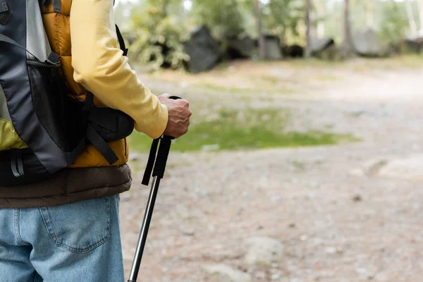 Cropped view of tourist with trekking sticks and backpack outdoors — Stock Photo