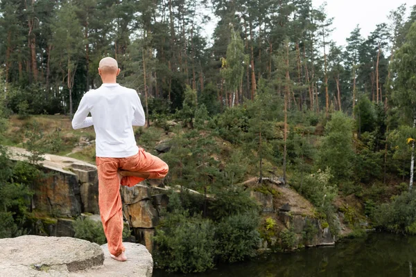 Задний вид буддиста в белой толстовке медитирующего в позе одного нога дерева на скале над озером — стоковое фото
