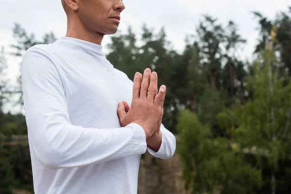 Vue recadrée du bouddhiste en sweat-shirt blanc méditant avec des mains priantes — Photo de stock