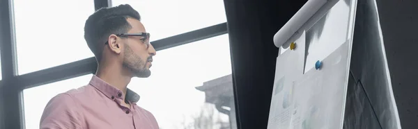 Seitenansicht muslimischer Geschäftsmann mit Blick auf Flipchart im Büro, Banner — Stockfoto