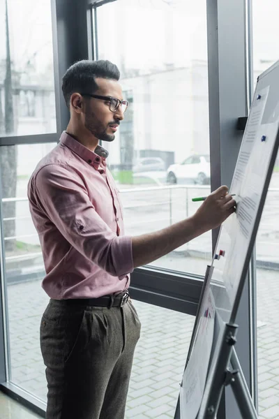 Vista laterale di uomo d'affari musulmano in abbigliamento formale scrittura su lavagna a fogli mobili in ufficio — Foto stock