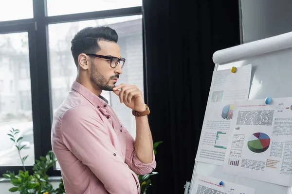 Side view of pensive muslim businessman looking at charts on flip chart in office — Stock Photo