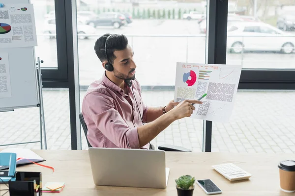 Arabian businessman in headset pointing at document with charts during video call on laptop in office — Stock Photo