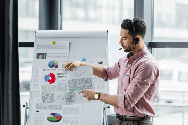 Side view of arabian businessman in headset pointing at document with charts in office — Stock Photo