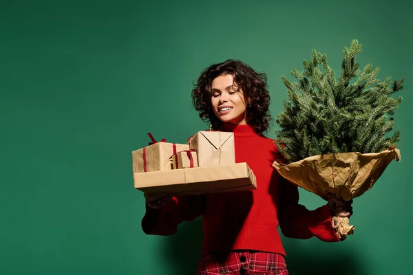 Joyful young woman in a red sweater holds gifts and a small tree, spreading festive cheer. — Photo de stock