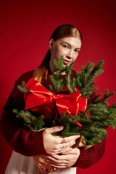 Femme dans un pull confortable tient un petit pin, embrassant l'esprit de vacances. — Photo de stock