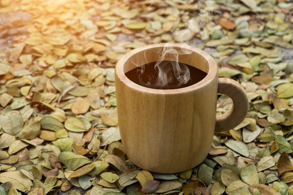 Houten koffiekopje op de grond met droge bladeren van de boom van de regen. — Stockfoto