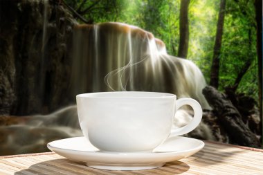 Bahçede beyaz fincan kahve.