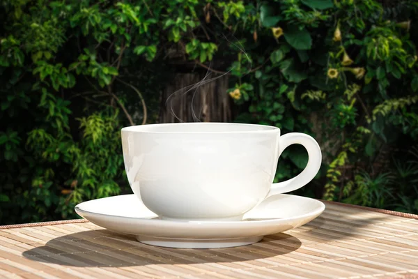 White cup coffee in the garden. — Stock Photo, Image