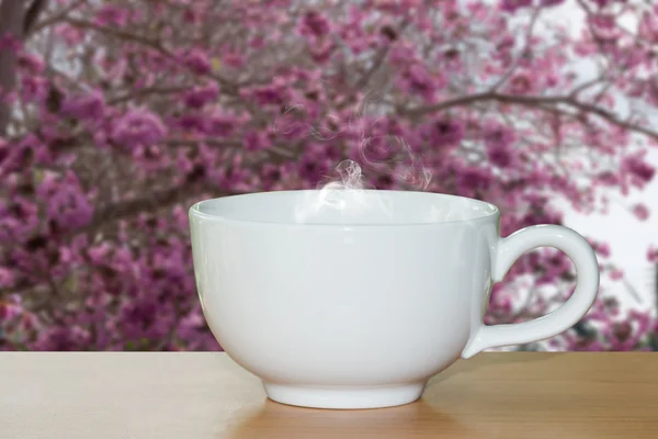 Copo de café branco com fundo borrão de flor rosa . — Fotografia de Stock