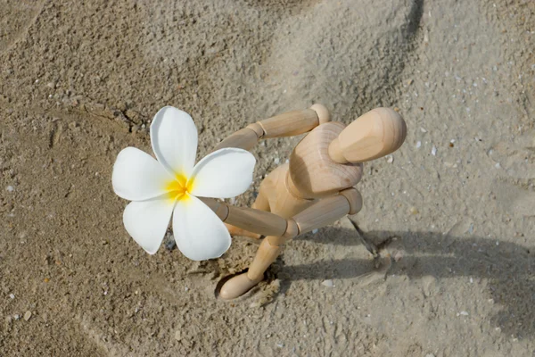 Modelos de madera dan una flor en la playa . — Foto de Stock