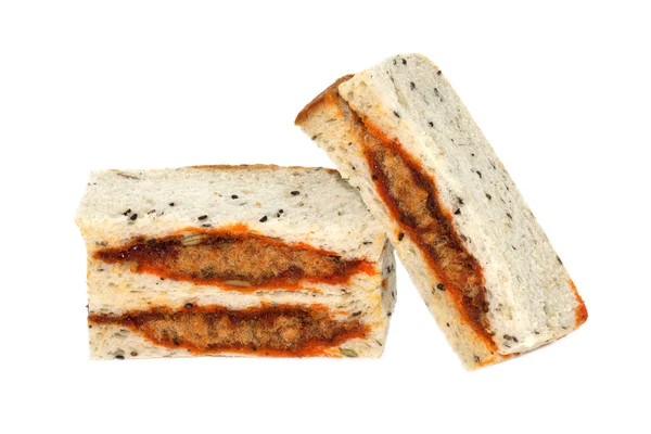 Geroosterde Chili plakken met geraspte varkensvlees zwarte sesam brood. — Stockfoto