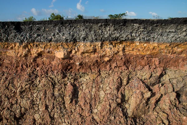 The curb erosion from storms. To indicate the layers of soil and — Stock Photo, Image