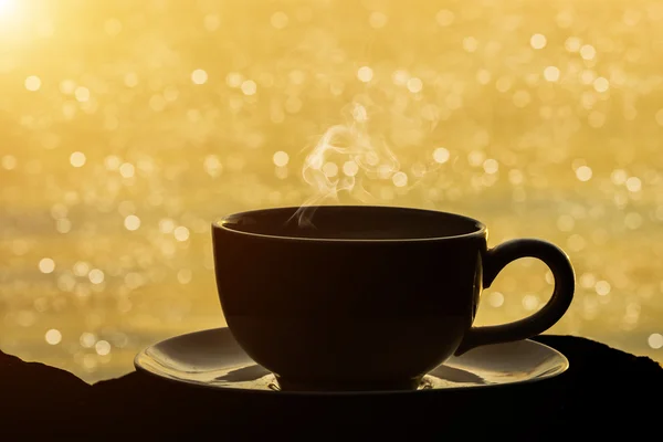 Silhouettes of morning coffee on the lake. — Stock Photo, Image