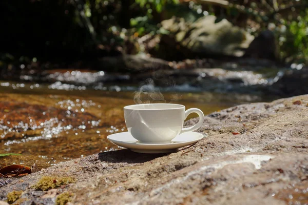 Refreshments and coffee on the rocks at the waterfalls. — Stock Photo, Image