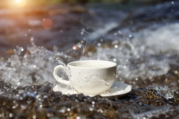 Refreshments and coffee cup on the rocks at the waterfalls. — Stock Photo, Image