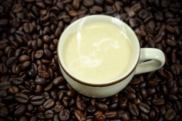 Café quente nos grãos de café . — Fotografia de Stock