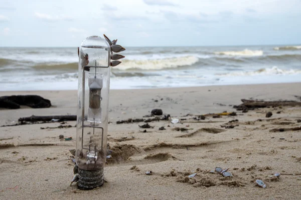 Старая лампа на пляже и ракушки . — стоковое фото