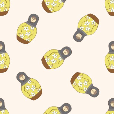 Matryoshka, Rus geleneksel ahşap oyuncak, karikatür Dikişsiz desen arka plan
